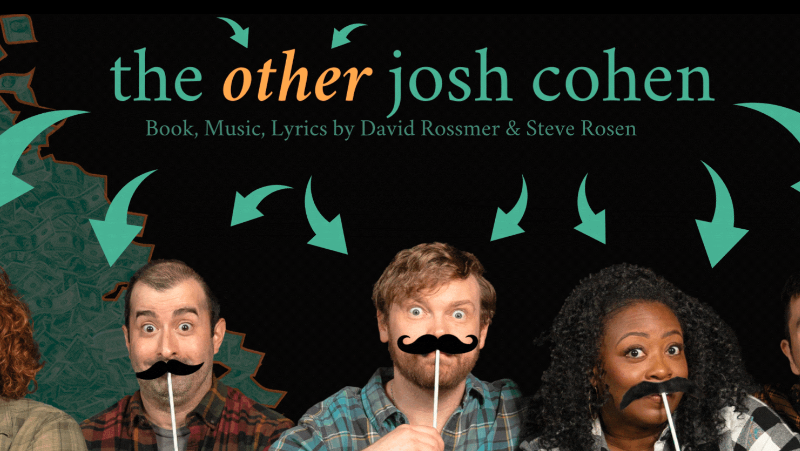 five people sitting down holding mustache photo booth props in front of their faces